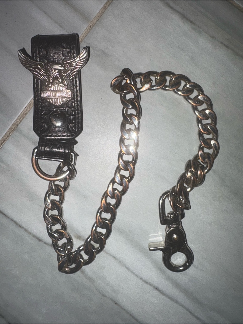 Harley-Davidson Black Leather Wallet Chain with Silver Chain Links
